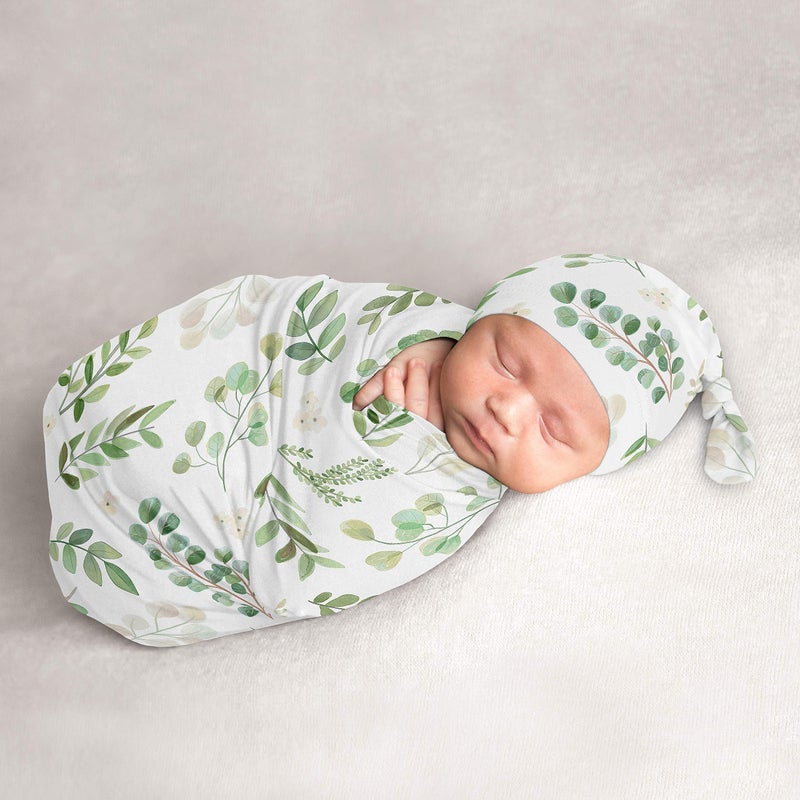 Sweet Jojo Designs Sweet Jojo Designs Floral Leaf Baby Boy or Girl Cocoon and Beanie Hat 2pc Set Jersey Stretch Knit Sleeping Bag for Infant Newborn Nursery Sleep Wrap Sack Green White Boho Botanical Woodland Garden