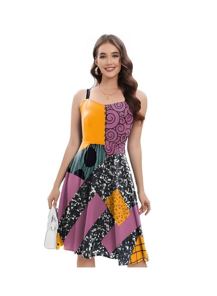 إسكدنيا النساء مطبوعة سالي زي فستان هالوين عيد الميلاد كوسبلاي حزب سباغيتي حزام فستان - Image 1