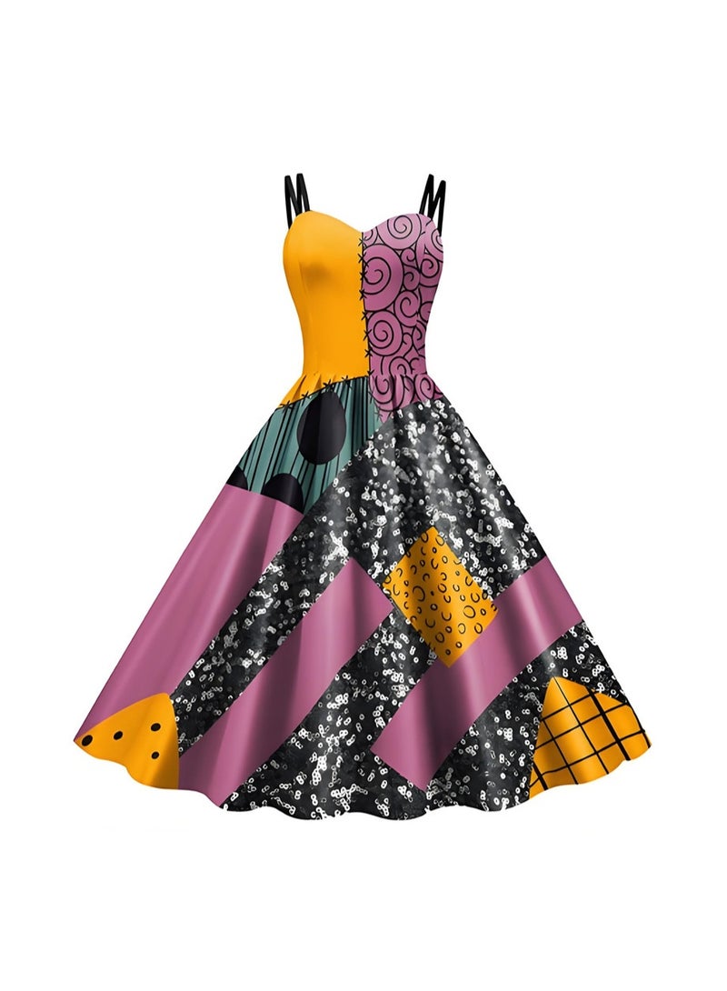 إسكدنيا النساء مطبوعة سالي زي فستان هالوين عيد الميلاد كوسبلاي حزب سباغيتي حزام فستان - Image 3