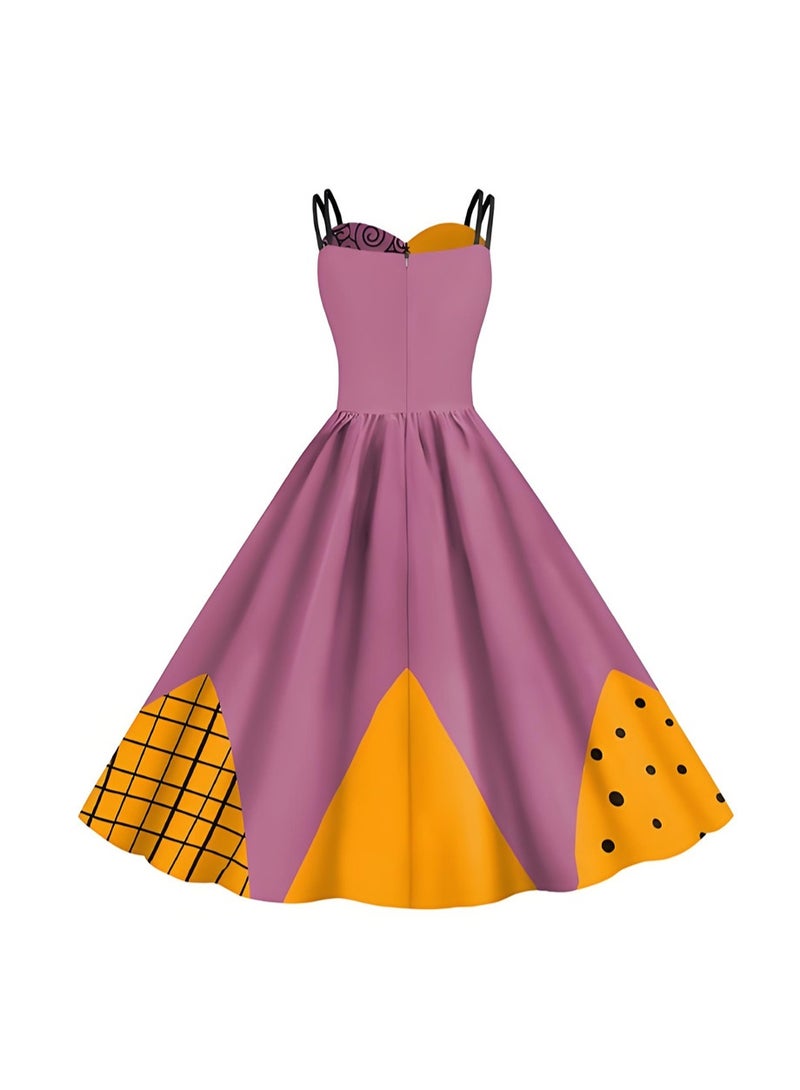 إسكدنيا النساء مطبوعة سالي زي فستان هالوين عيد الميلاد كوسبلاي حزب سباغيتي حزام فستان - Image 4