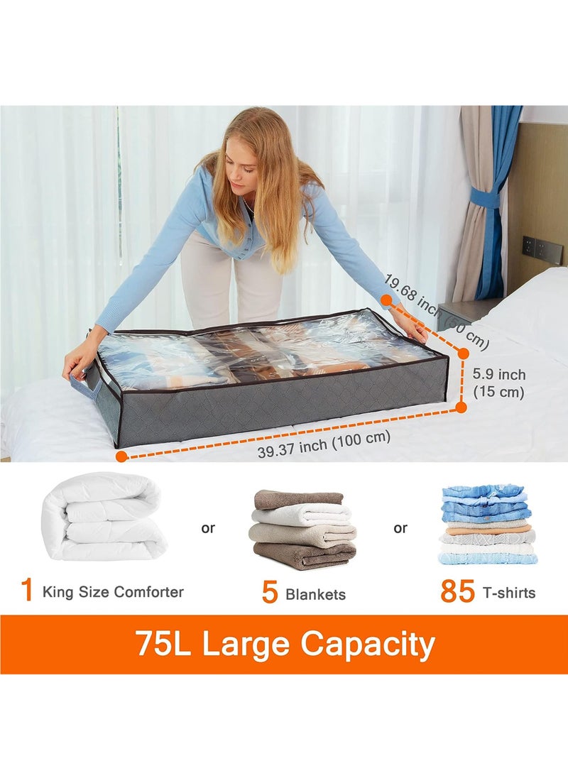3-pack bed bottom storage bag 75L foldable clothing bag large capacity storage container with transparent window reinforcement handle zipper organizer comfortable blanket bedding non-woven fabric