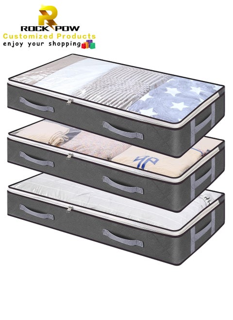3-pack bed bottom storage bag 75L foldable clothing bag large capacity storage container with transparent window reinforcement handle zipper organizer comfortable blanket bedding non-woven fabric