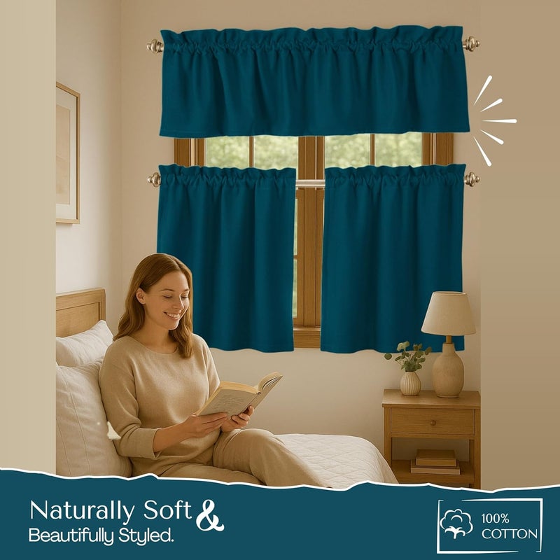 Native Fab 3 Piece Window Curtain Tiers 26"x36" and Valance 54"x18" Set - Rod Pocket - Semi Sheer - Short Curtain for Kitchen, Cafe, Living Room - Teal Green - Image 2