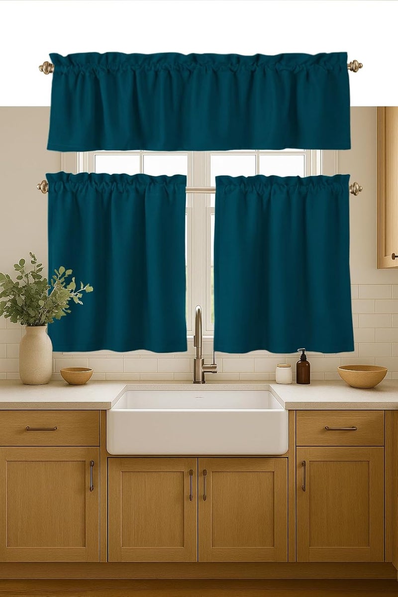 Native Fab 3 Piece Window Curtain Tiers 26"x36" and Valance 54"x18" Set - Rod Pocket - Semi Sheer - Short Curtain for Kitchen, Cafe, Living Room - Teal Green - Image 1