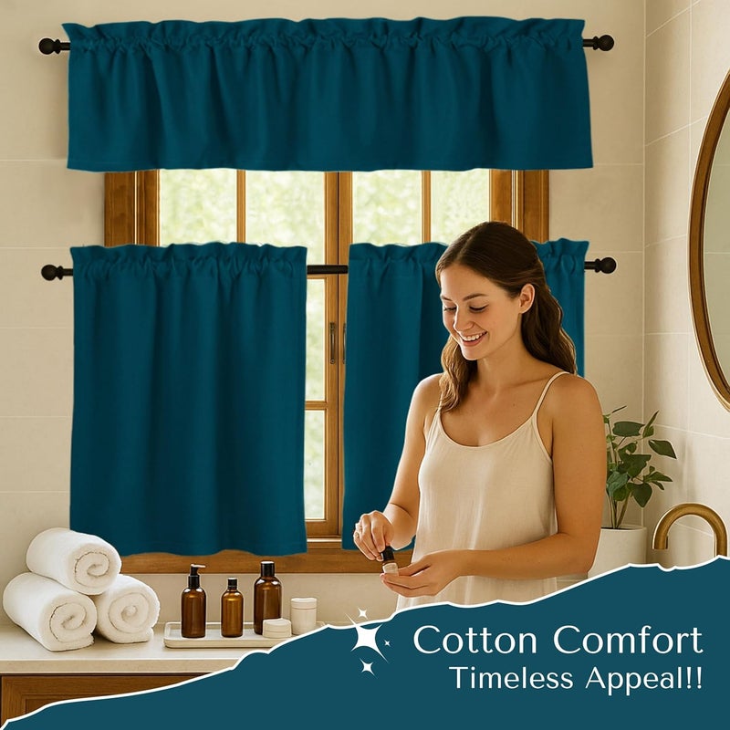 Native Fab 3 Piece Window Curtain Tiers 26"x36" and Valance 54"x18" Set - Rod Pocket - Semi Sheer - Short Curtain for Kitchen, Cafe, Living Room - Teal Green - Image 5