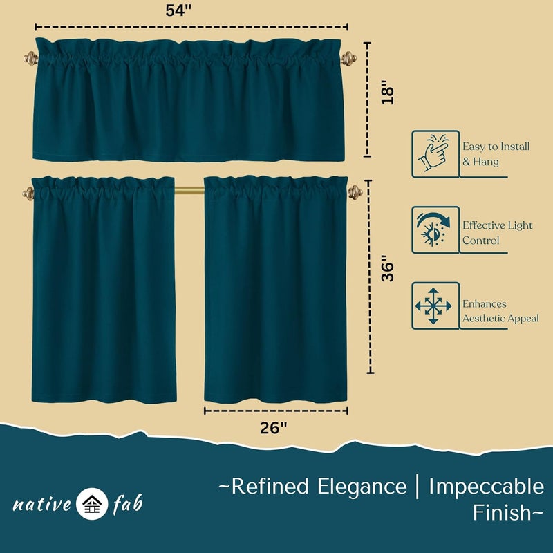 Native Fab 3 Piece Window Curtain Tiers 26"x36" and Valance 54"x18" Set - Rod Pocket - Semi Sheer - Short Curtain for Kitchen, Cafe, Living Room - Teal Green - Image 4
