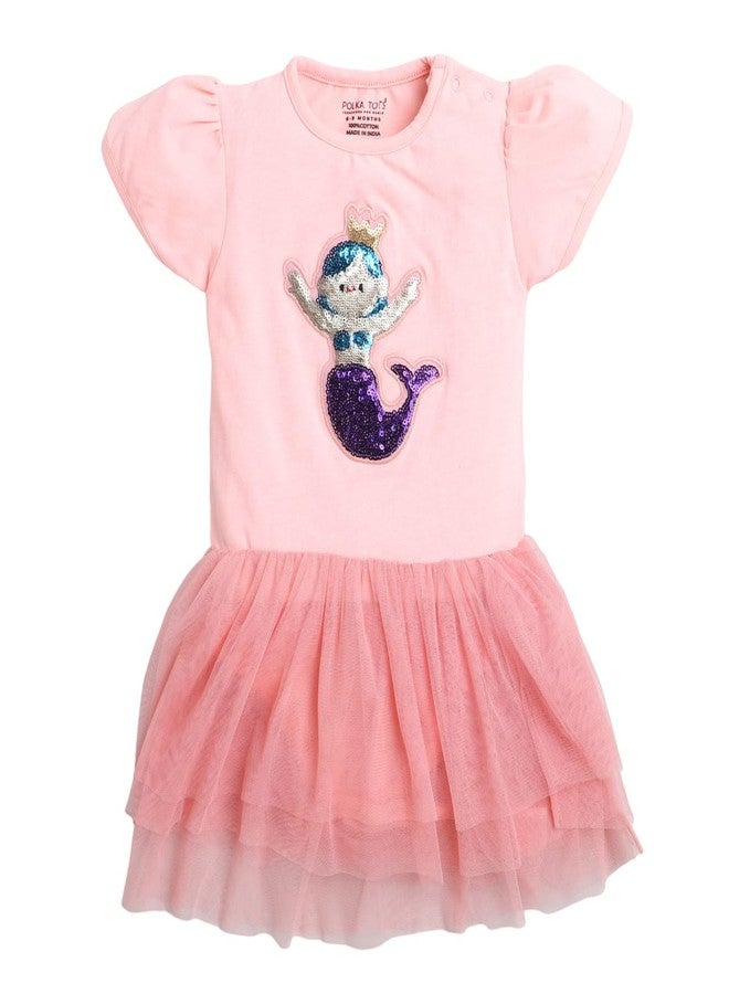 POLKA TOTS Baby Girls Cotton Romper with Mermid Girl Patch - Soft & Lightweight Summer Wear for Infants & Toddlers, (Pink, 9-12 Months) - Image 1