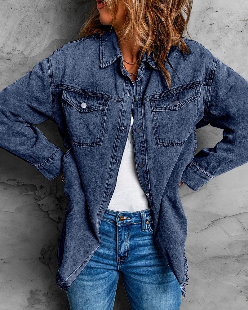 Vetinee Oversized Jean Jacket for Women Bay Blue Front Button Up Frayed Raw Hem Long Sleeve Pockets Denim Jean Jacket Shacket Large Size 12 Size 14 - Image 5