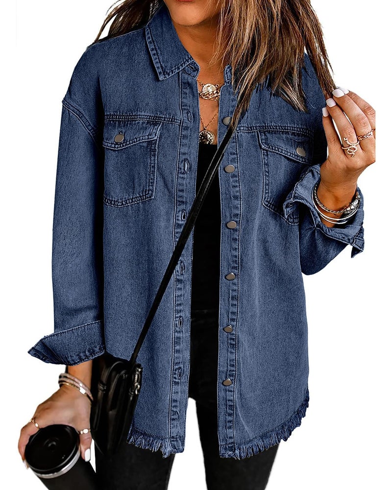 Vetinee Oversized Jean Jacket for Women Bay Blue Front Button Up Frayed Raw Hem Long Sleeve Pockets Denim Jean Jacket Shacket Large Size 12 Size 14 - Image 1