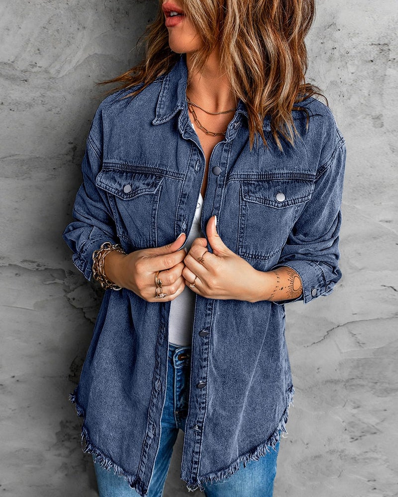 Vetinee Oversized Jean Jacket for Women Bay Blue Front Button Up Frayed Raw Hem Long Sleeve Pockets Denim Jean Jacket Shacket Large Size 12 Size 14 - Image 3