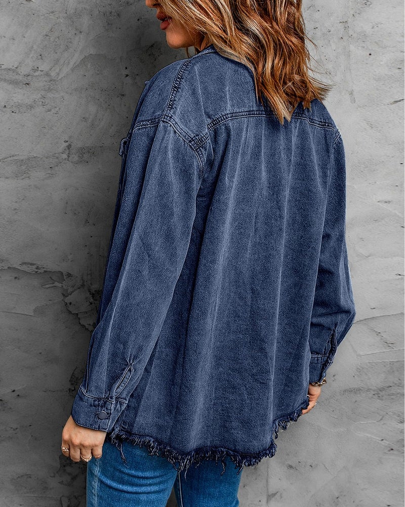 Vetinee Oversized Jean Jacket for Women Bay Blue Front Button Up Frayed Raw Hem Long Sleeve Pockets Denim Jean Jacket Shacket Large Size 12 Size 14 - Image 2