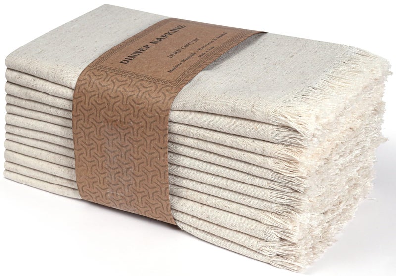 Bedding Craft Linen Cloth Dinner Napkins Set of 12 – 18x18 Natural with Fringed Corners – Machine Washable Fabric Napkins for Weddings, Baby Showers, Parties & Dining - Image 1