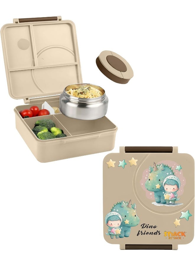 Snack attack Bento Lunch Box for Kids school with 9.7oz Soup thermos, Leak-proof Lunch Containers with 5 Compartment, thermos Food Jar, Food Containers for School (Cream brown Dino)  - Image 3