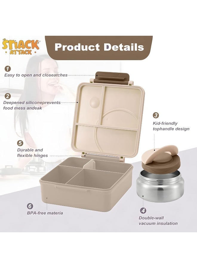 Snack attack Bento Lunch Box for Kids school with 9.7oz Soup thermos, Leak-proof Lunch Containers with 5 Compartment, thermos Food Jar, Food Containers for School (Cream brown Dino)  - Image 5