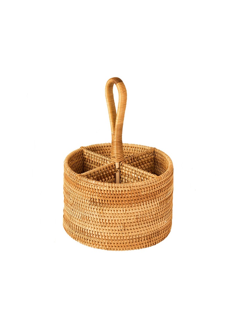 Wicker Flatware Organizer, Hand Woven Flatware Caddy with Handle, 4-Compartment Natural Woven Flatware Caddy Kitchen Utensil Holder for Countertop, Cooking Utensil Condiment Organizer - Image 1