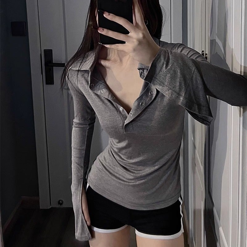 Pure Desire Style POLO Shirt Lapel Long-sleeved T-shirt Womens Spring and Autumn Slim-fit Slimming Design Sense Button Hot Girls Tight Waist Top Black (version) - Image 2