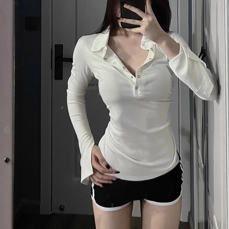 Pure Desire Style POLO Shirt Lapel Long-sleeved T-shirt Womens Spring and Autumn Slim-fit Slimming Design Sense Button Hot Girls Tight Waist Top Black (version) - Image 3