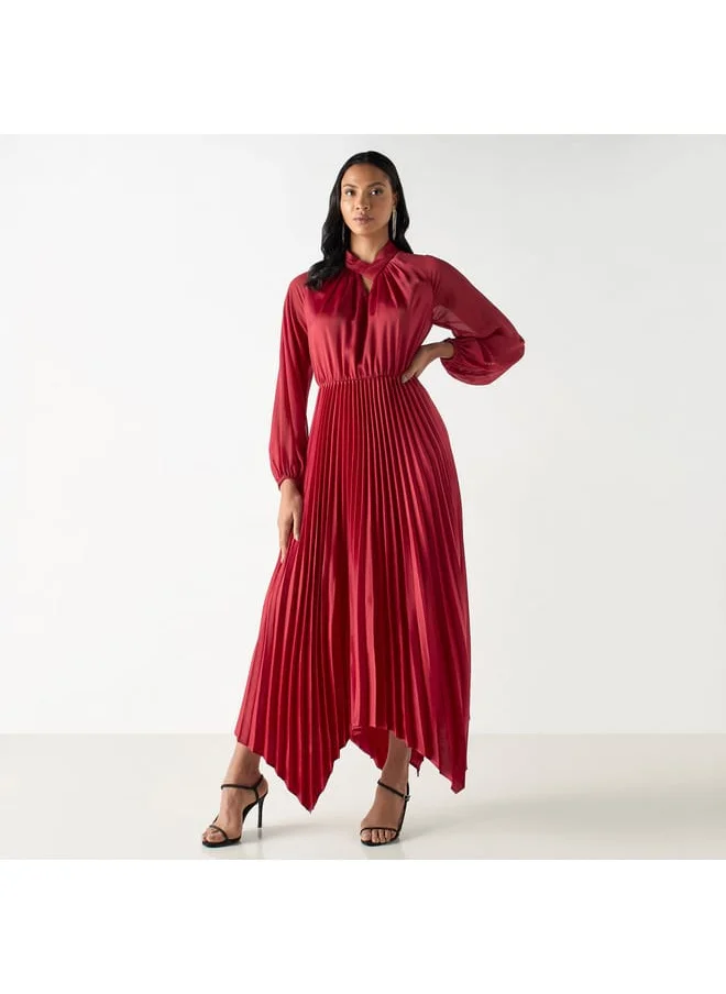 Iconic Iconic Pleated Maxi Asymmetric Dress with Long Sleeves