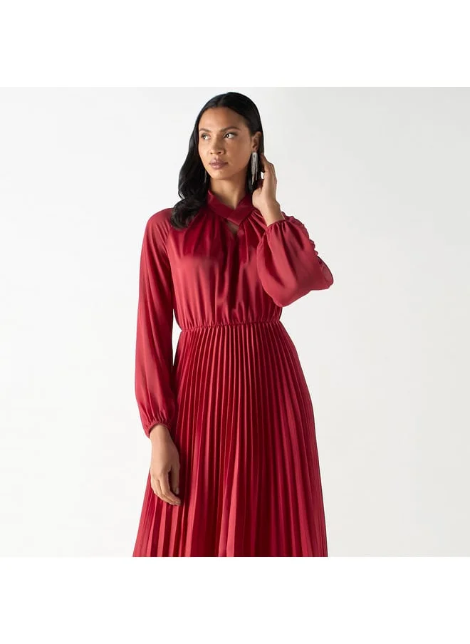 Iconic Iconic Pleated Maxi Asymmetric Dress with Long Sleeves