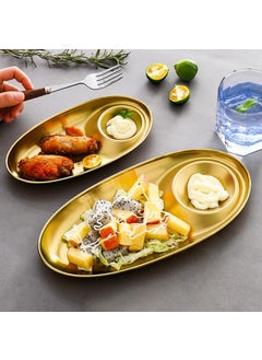 BRUSHFINCH BRUSHFINCH Stainless Steel Chip and Dip Serving Set Dip Serving Platter Snack Dessert Plate Appetizer Tray with Built in Sauce Dish Dipping Bowl for Salad Dressing 28cm Gold 1 Pcs  - Image 1