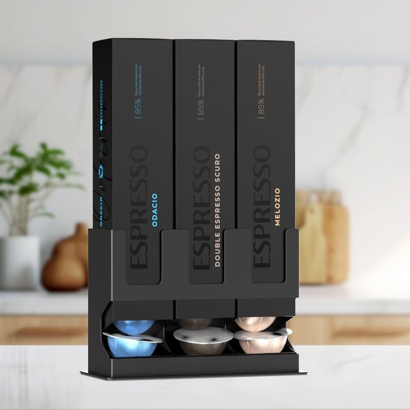 GALVANOX Pod Dispenser Designed for Nespresso Vertuo Capsules (3 Box Sleeve Holder) Freestanding Countertop Organizer Stand, Non-Slip Steel Base, Dispenses 3 Coffee Flavors (30 Vertuoline Pods) - Image 5