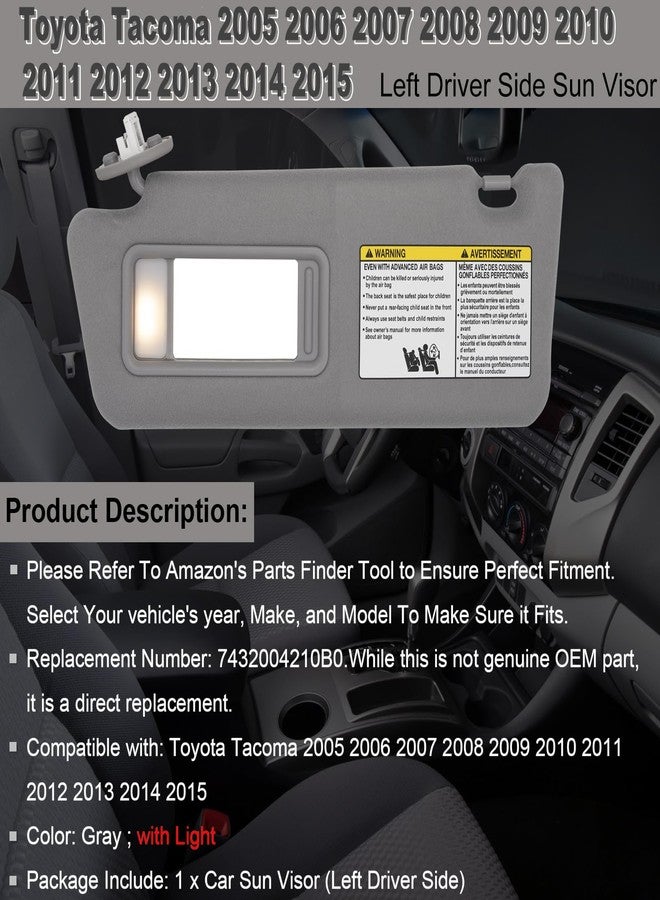 NHILES Driver Left Side Sun Visor Replacement Fits for Toyota Tacoma 2005-2015 Sunshade with Light 7432004210B0 Color Gray - Image 2