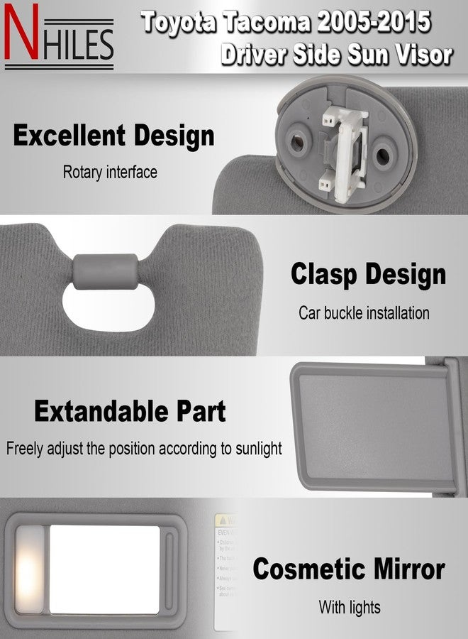 NHILES Driver Left Side Sun Visor Replacement Fits for Toyota Tacoma 2005-2015 Sunshade with Light 7432004210B0 Color Gray - Image 3