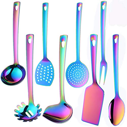 QOBIMOON QIBOORUN Stainless Steel Kitchen Utensil Set -8 Cooking Utensils, Colorful Titanium Plated Set Kitchen Tools Gadgets Cake Shovels/Plain Spatula, Potato Masher, Spoon, Slotted Spoon-Rainbow Color - Image 1