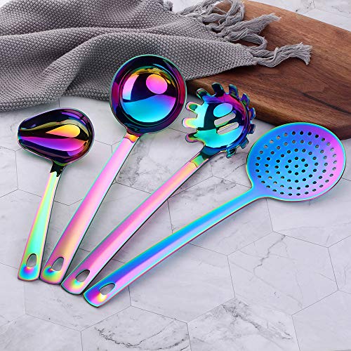 QOBIMOON QIBOORUN Stainless Steel Kitchen Utensil Set -8 Cooking Utensils, Colorful Titanium Plated Set Kitchen Tools Gadgets Cake Shovels/Plain Spatula, Potato Masher, Spoon, Slotted Spoon-Rainbow Color - Image 2