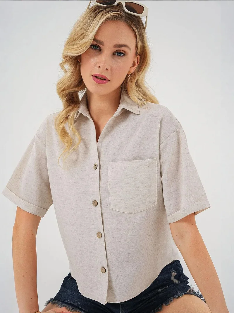 BIG DART BDART Linen Blended Short Sleeve Button-Up Crop Shirt
