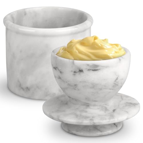 TABHOUKIT Butter Crock with Lid, Soft Spreadable Butter keeper, Marble French Butter Keeper to Leave On Counter, Butter Dish, Home and Kitchen Decor for Countertop (White Grey, Large) - Image 1