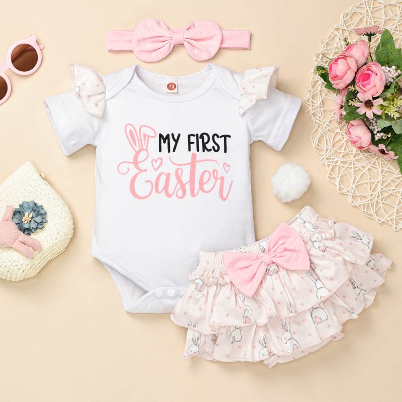 FOCUTEBB 0 3 Months My 1st Easter Outfits Baby Girls Clothes Ruffle Romper Cute Bunny Skirt Headband Dress Clothes Set Pink 0-3 Months - Image 2