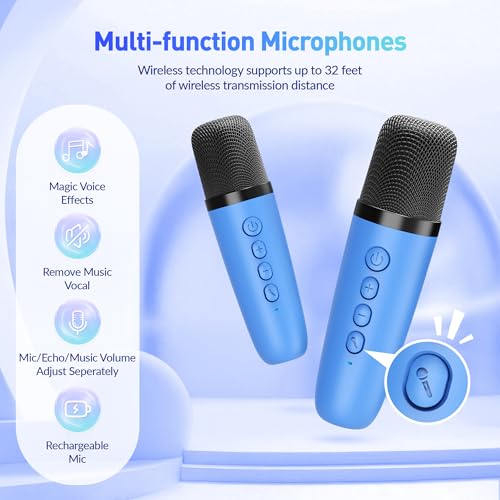 BEILIHART Mini Karaoke Machine for Kids Adults: Portable Bluetooth Karaoke Speaker with 2 Wireless Microphones, Karaoke Gifts for Girls Boys Ages 4-12+ Years Old Christmas Birthday Home Party(Navy Blue) - Image 5