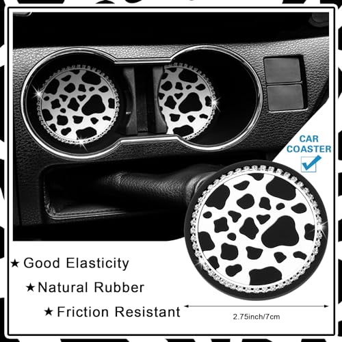 DaisyInner 3 Pcs Sparkly Car Accessories with Rhinestone License Plate Frame and 2 Pcs Bling Anti Slip Cup Holder for Women Girly Glitter Tag Frames Rust Proof Auto Decoration(Cow,Black White) - Image 3
