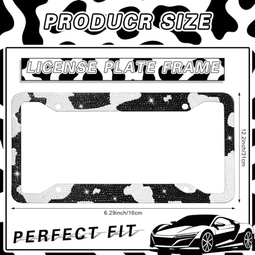 DaisyInner 3 Pcs Sparkly Car Accessories with Rhinestone License Plate Frame and 2 Pcs Bling Anti Slip Cup Holder for Women Girly Glitter Tag Frames Rust Proof Auto Decoration(Cow,Black White) - Image 2