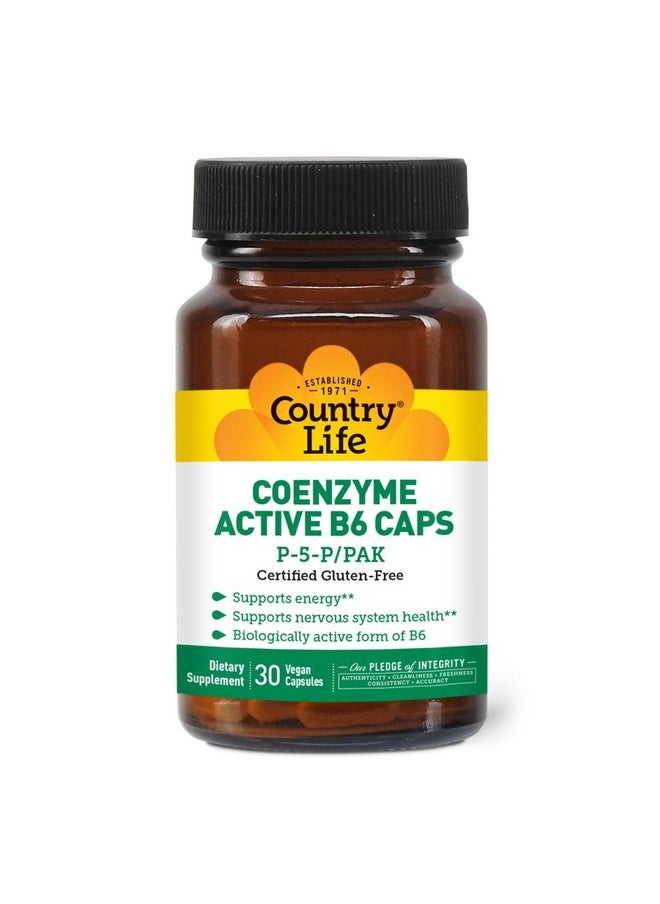 كانتري لايف Country Life Coenzyme Active B-6, 50mg Vitamin B6-30 Vegetarian Capsules - يدعم الطاقة والجهاز العصبي والجهاز المناعي - 25mg P-5-P Vitamin B6 - معتمد خالٍ من الغلوتين، نباتي - بدون إضافات صناعية  - Image 1
