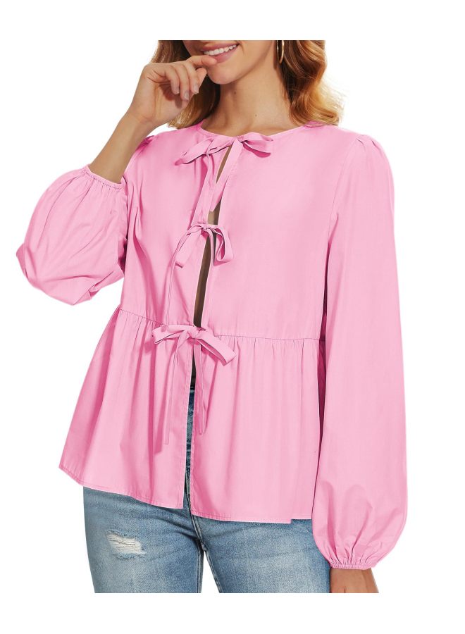 Autumn Women's Clothing European And American Style Loose Sweet Tie-front Shirt European And American Lace-up - Image 1