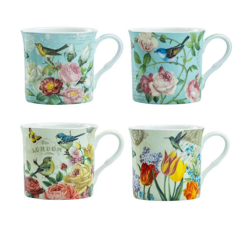 Grace Teaware Bone China Coffee Tea Mugs 10-Ounce, Assorted (Botanical Bird Garden), 4 Count (Pack of 1) - Image 1