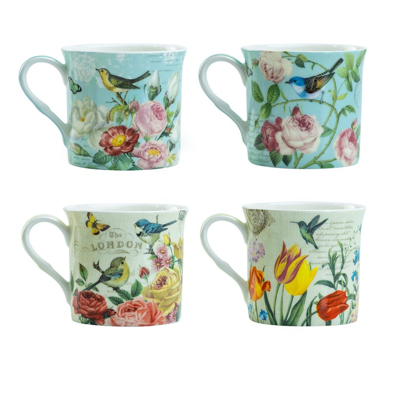 Grace Teaware Bone China Coffee Tea Mugs 10-Ounce, Assorted (Botanical Bird Garden), 4 Count (Pack of 1) - Image 2