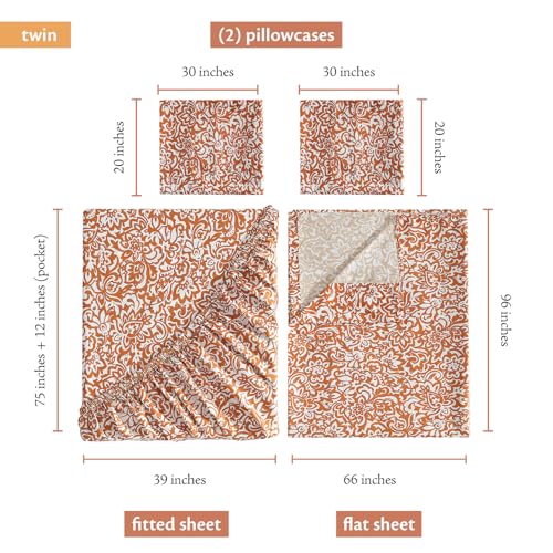 Indigo Ink - Twin Size Sheet Set, 3-Piece Boho Floral Damask Patterned Bedding, Soft & Wrinkle Resistant (Tufted Medallion Collection, Gold) - Image 4