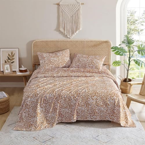 Indigo Ink - Twin Size Sheet Set, 3-Piece Boho Floral Damask Patterned Bedding, Soft & Wrinkle Resistant (Tufted Medallion Collection, Gold) - Image 1