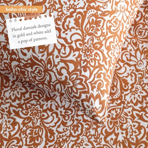 Indigo Ink - Twin Size Sheet Set, 3-Piece Boho Floral Damask Patterned Bedding, Soft & Wrinkle Resistant (Tufted Medallion Collection, Gold) - Image 3