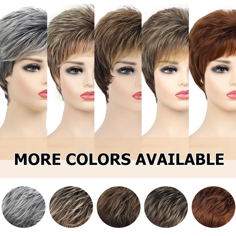 SEVENCOLORS باروكة قصيرة بكسل من SEVENCOLORS للنساء البيض، باروكات قصيرة مختلطة بالشعر الأشقر مع جذور بنية، باروكات شعر صناعي طبيعية للنساء - Image 5