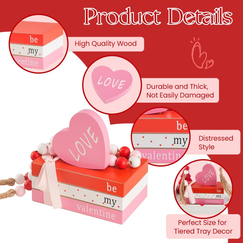 SYNCVIBE Valentineâ€™s Day Decorations Wooden Faux Book Stack Love Sign with Bead Garland, Valentines Day Tabletop Centerpiece Farmhouse Decor for Tirered Tray Mantel Fireplace Home Shelf Office Desk - Image 2