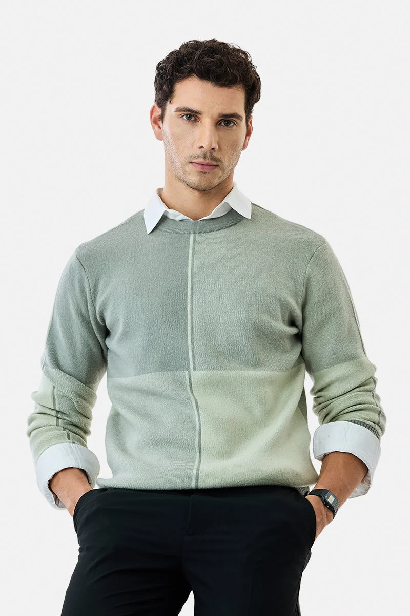 سنيتش Light Green Colour Blocked Long Sleeve Regular Fit Sweater