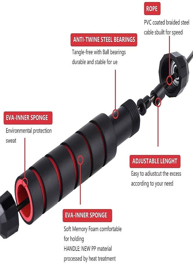 حبل قفز فيرست فيت مصنوع من كلوريد البولي فينيل، مقاوم للتشابك، سريع الحركة، مزود بمحامل كروية، مناسب للنساء والرجال والأطفال، حبل قفز فولاذي قابل للتعديل بمقابض إسفنجية، أسود وأحمر - Image 2