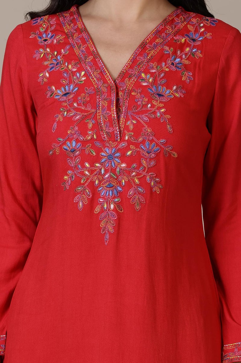 Aurelia Red Solid Acrylic Straight Kurta & Palazzo for Women (Size: M)-24NOAS15385-607621 - Image 3