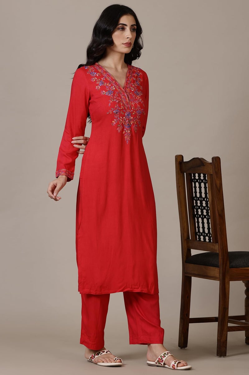 Aurelia Red Solid Acrylic Straight Kurta & Palazzo for Women (Size: M)-24NOAS15385-607621 - Image 4