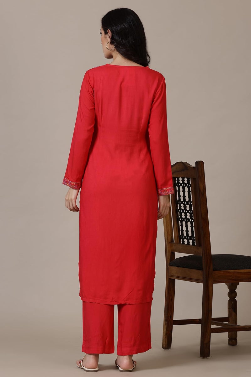 Aurelia Red Solid Acrylic Straight Kurta & Palazzo for Women (Size: M)-24NOAS15385-607621 - Image 5