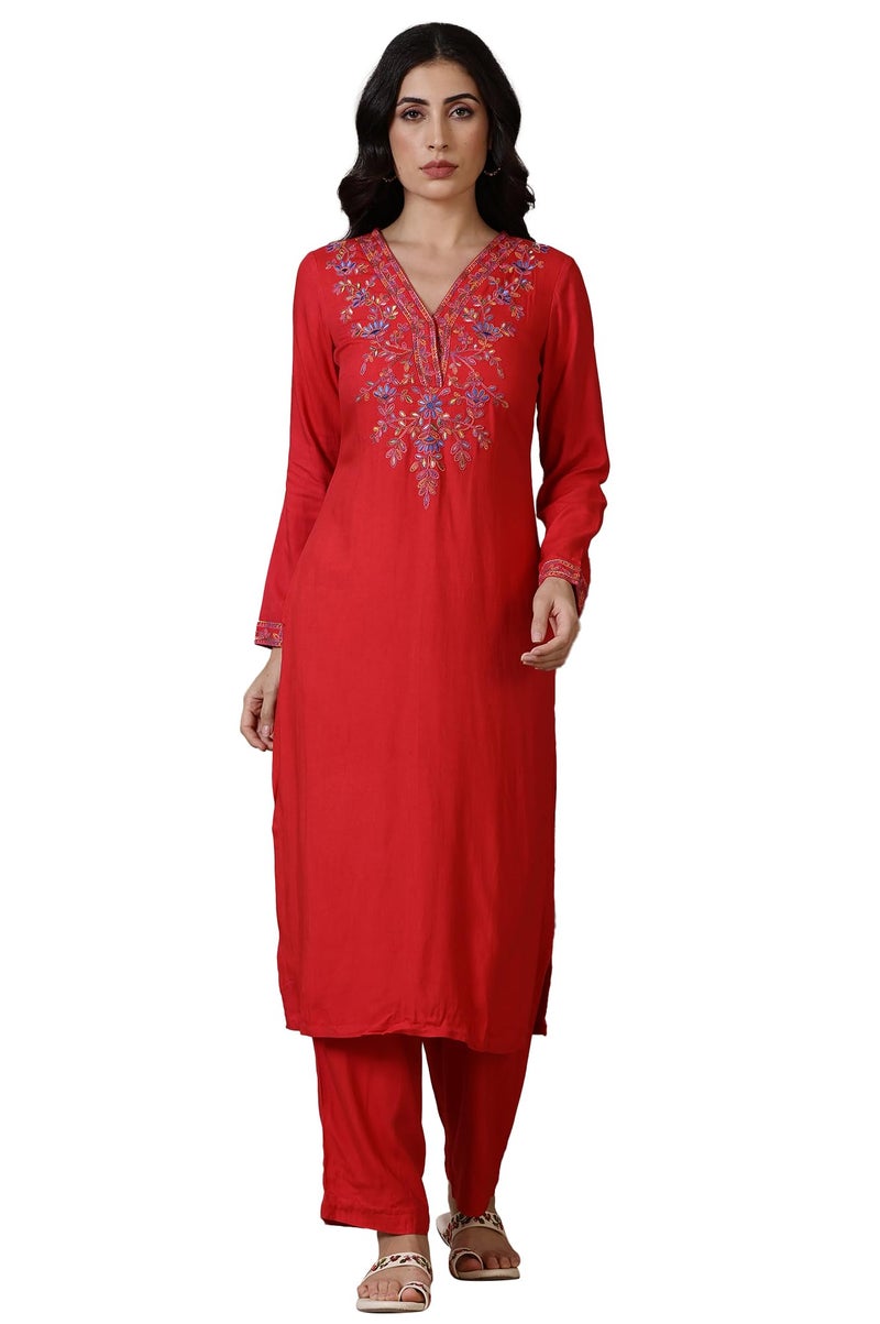 Aurelia Red Solid Acrylic Straight Kurta & Palazzo for Women (Size: M)-24NOAS15385-607621 - Image 1